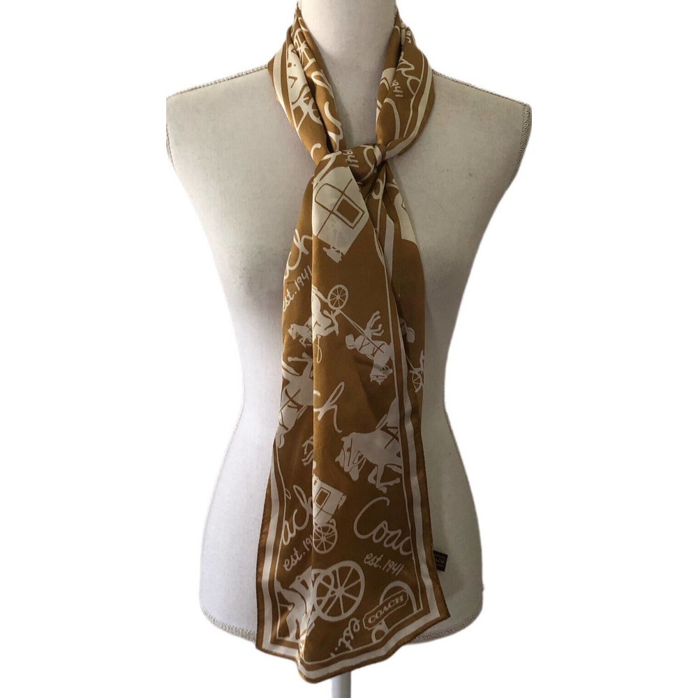 Coach scarf gold carriage pattern 100% silk 27×150 cm Used Japan - Picture 3 of 11